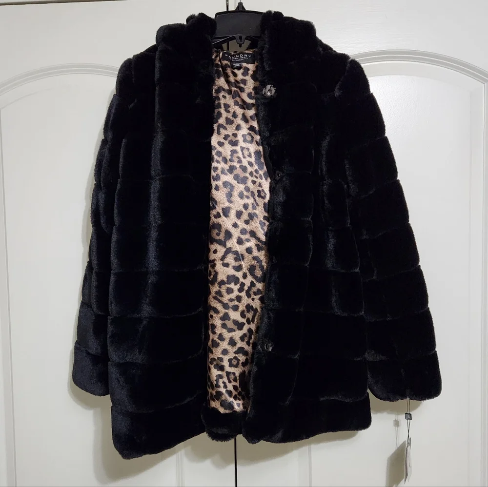 LAUNDRY BY SHELLI SEGAL FAUX FUR BLACK COAT With HOOD  SIZE XS - Picture 3 of 8